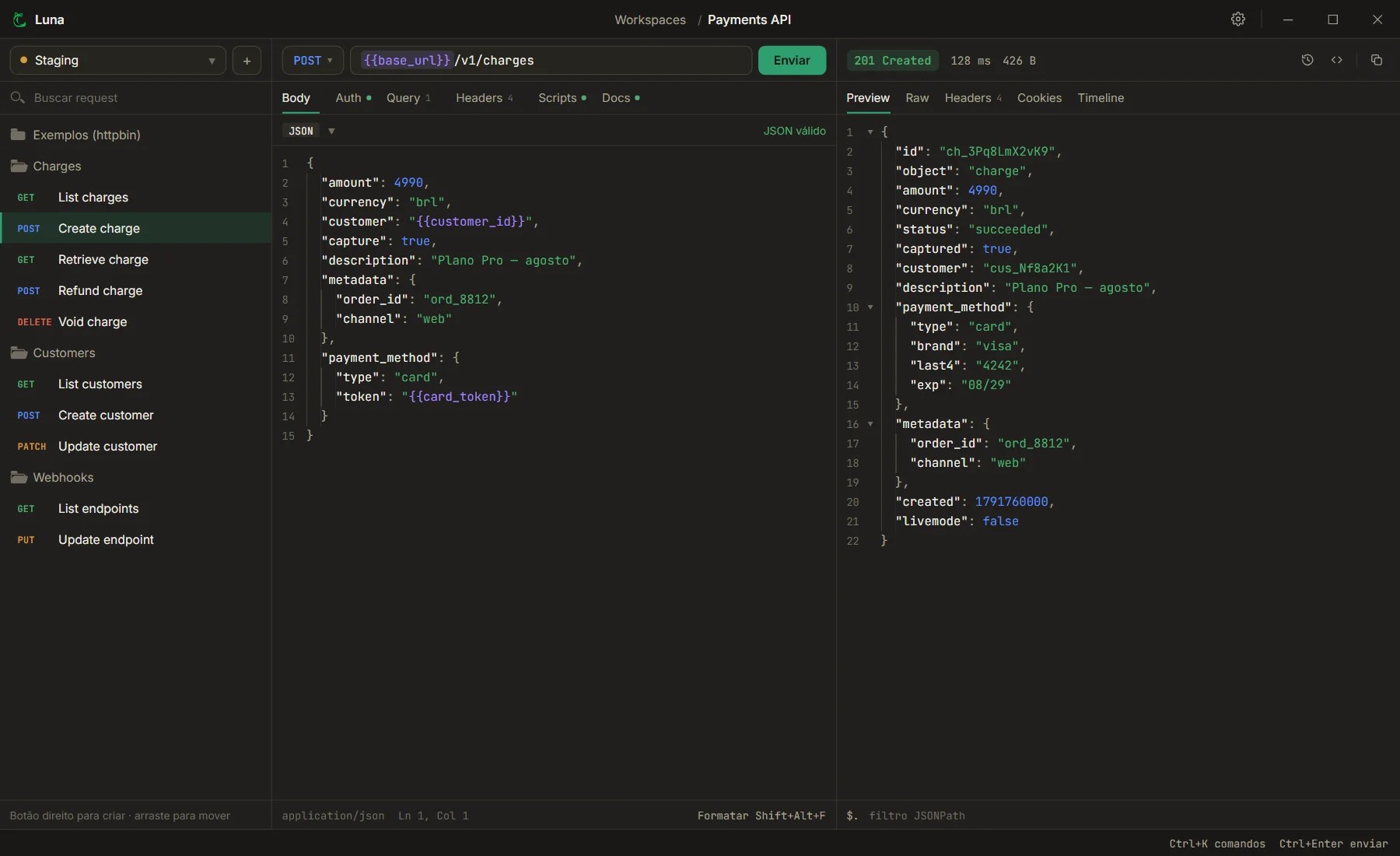Interface do Luna - uma request POST à esquerda e a resposta JSON 201 Created à direita