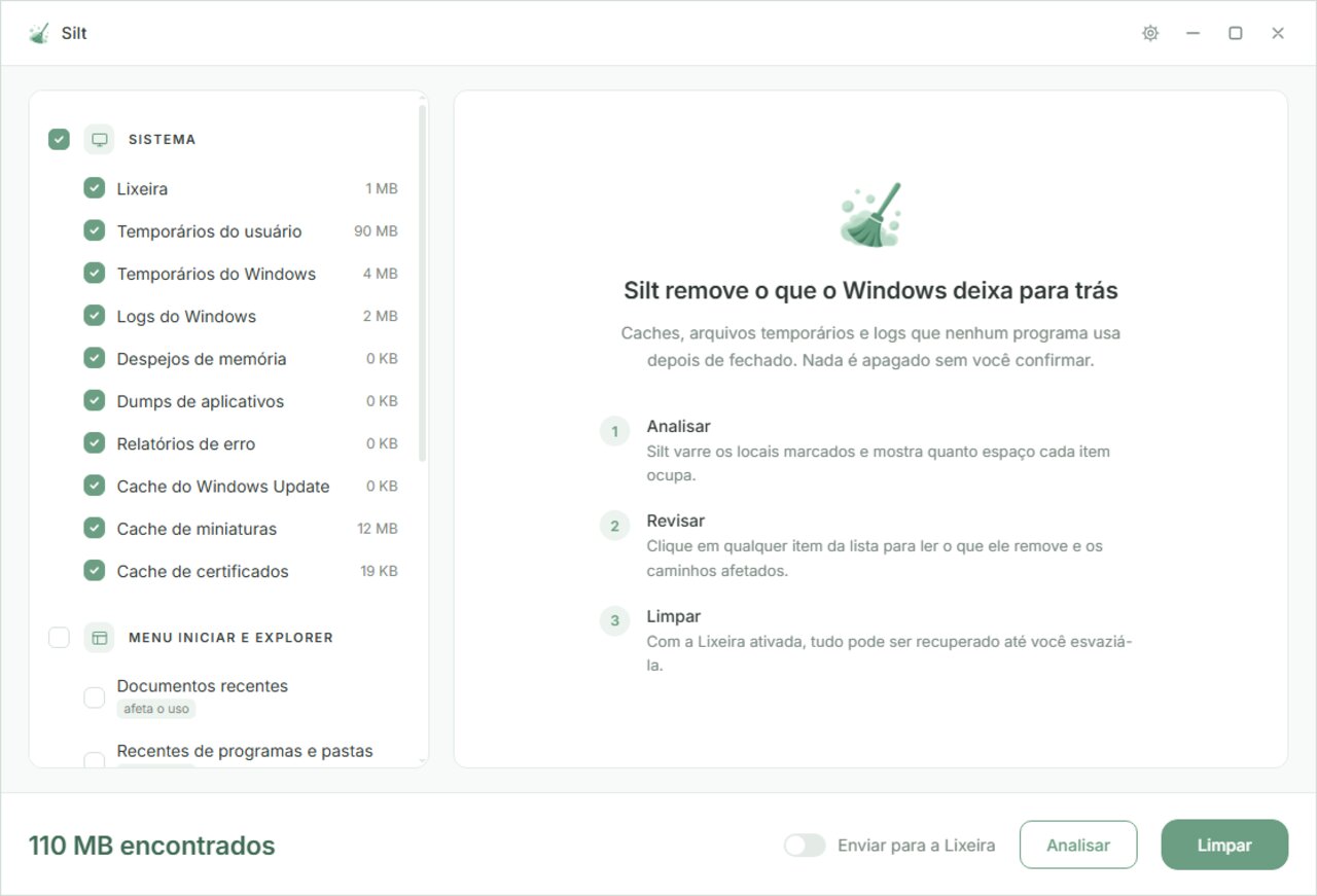 Interface do Silt - Limpeza de arquivos temporários para Windows